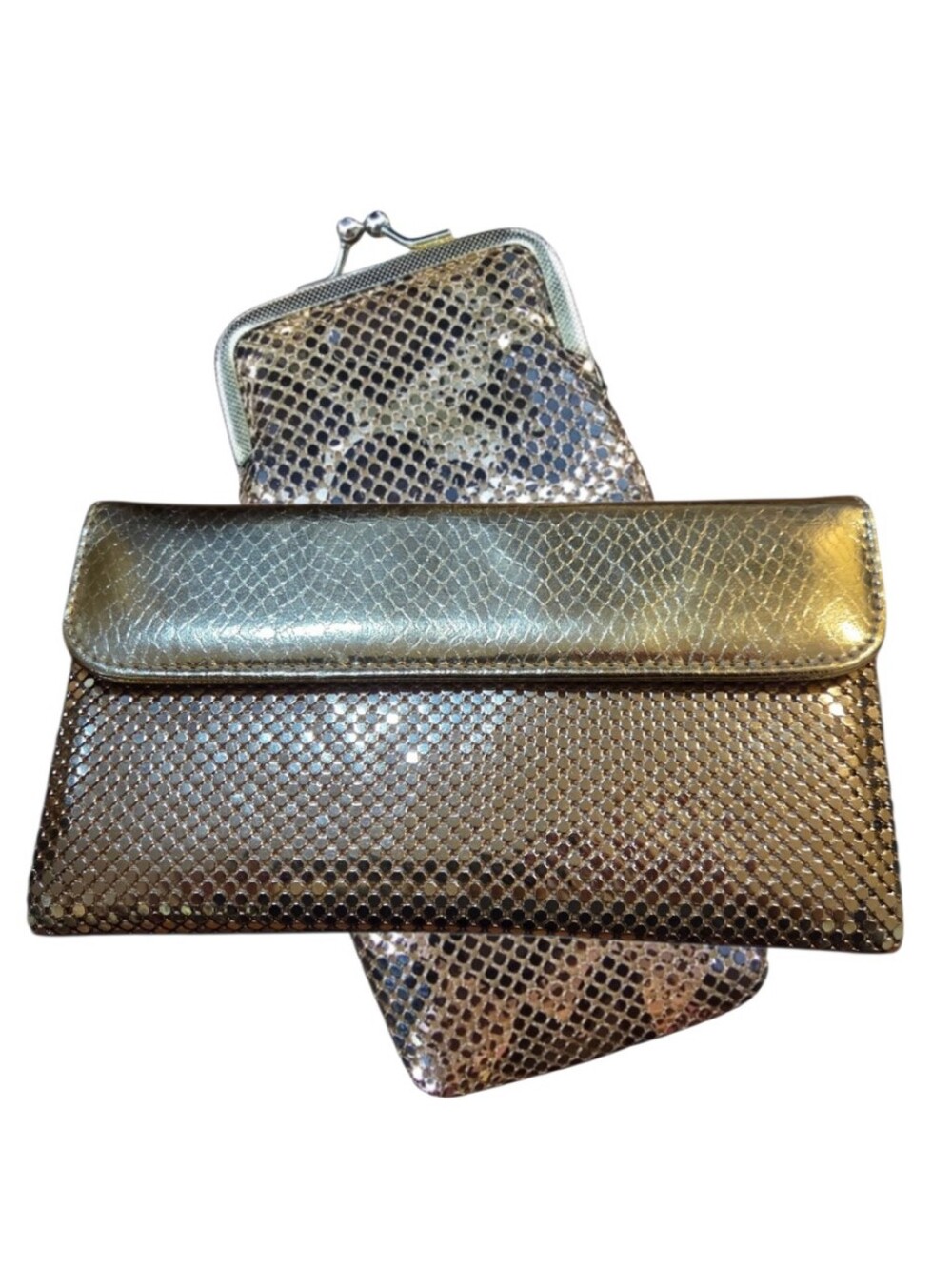 Vintage Whiting & Davis Metallic Gold Mesh Wallet & Snake-Embossed Kiss-lock Bag